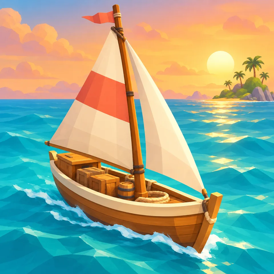 A wooden sailboat with coral and cream sails crosses turquoise water beside a tropical island.
