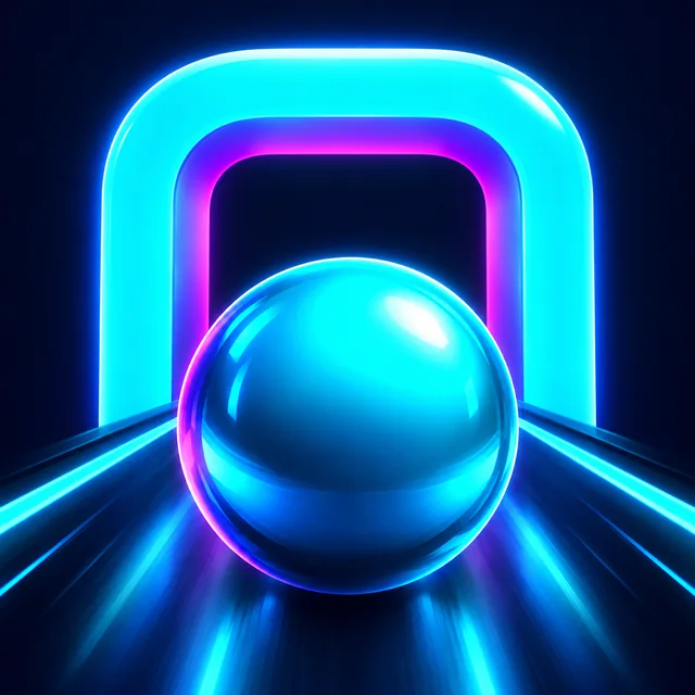A glowing cyan sphere rolls toward a cyan and magenta neon arch in a dark futuristic world.