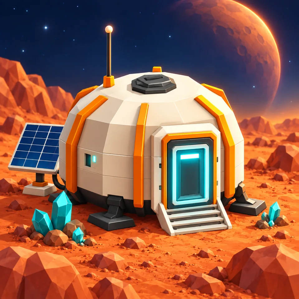 A white and orange space habitat with a glowing turquoise doorway stands on a rocky red planet.