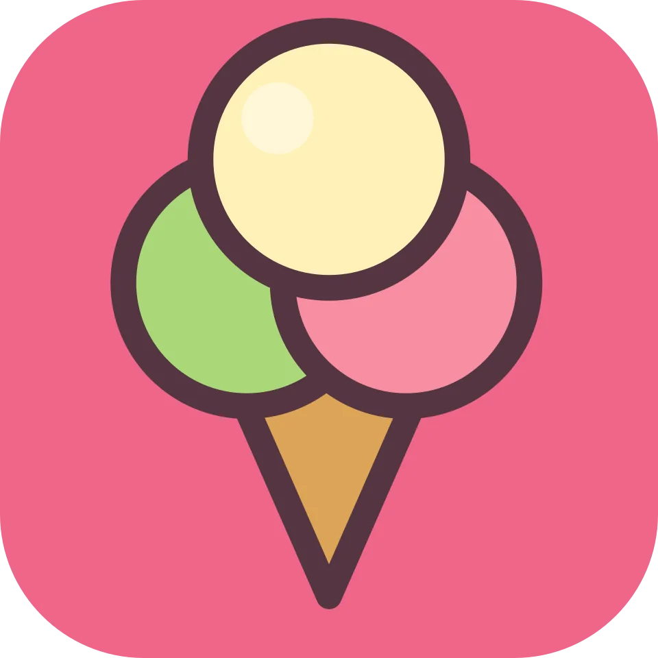 Three ice cream scoops in a waffle cone on a pink background.