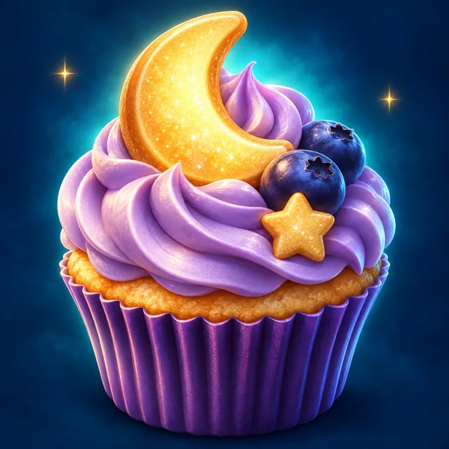 A purple-frosted cupcake topped with blueberries, a golden crescent moon and a star.