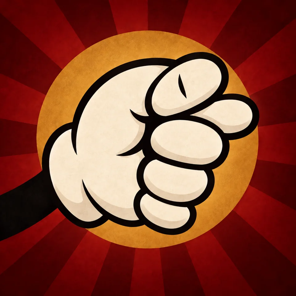A cream cartoon glove makes a fig sign against a burgundy and gold carnival backdrop.
