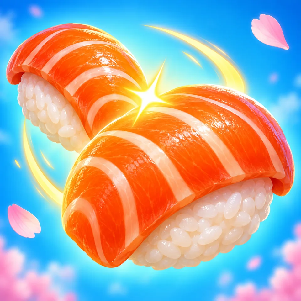 Two glossy salmon nigiri pieces float against a bright blue background with pink petals.