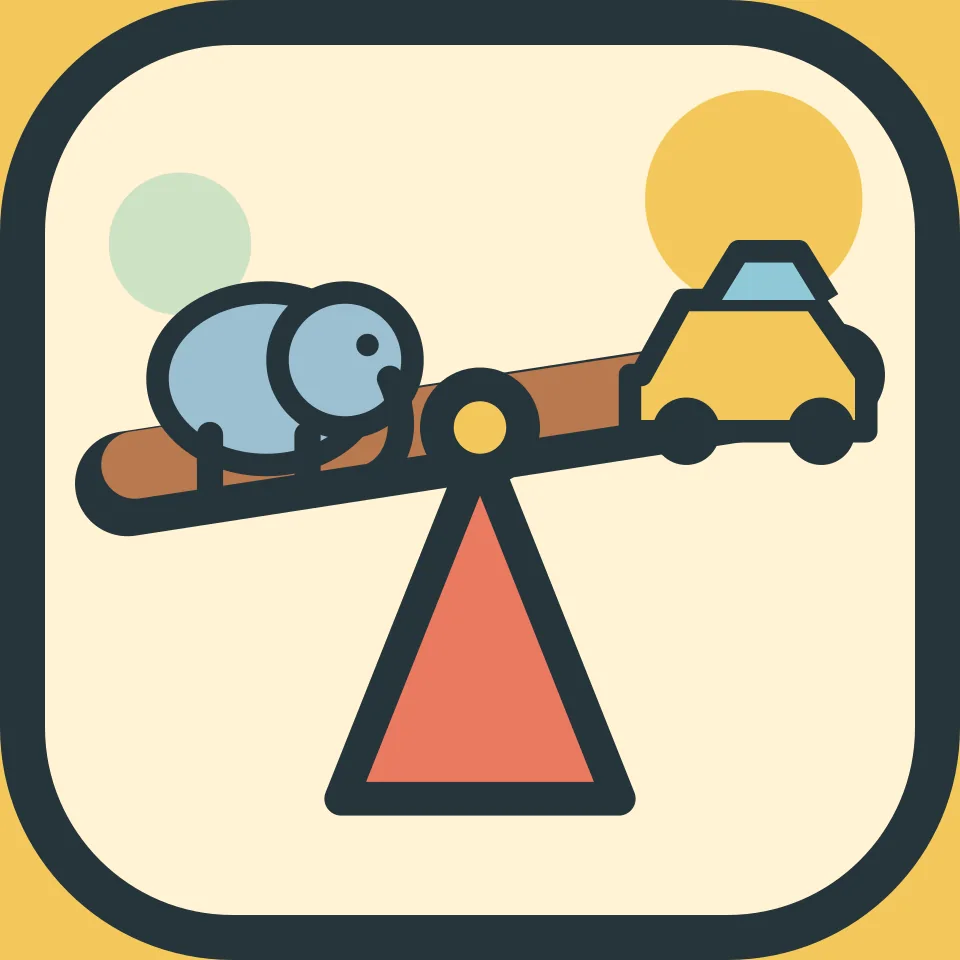 An elephant and a toy car balance on a seesaw.