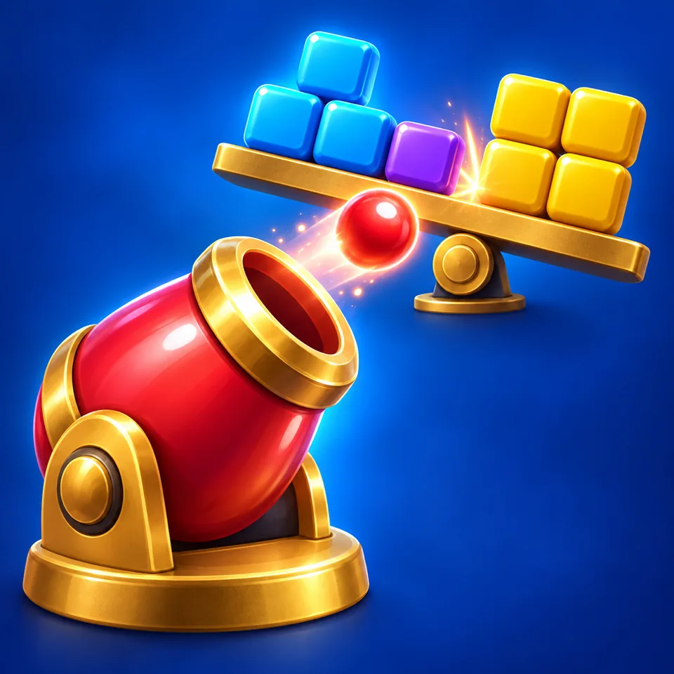 A red and gold cannon fires toward blue and yellow blocks on a golden balance beam.