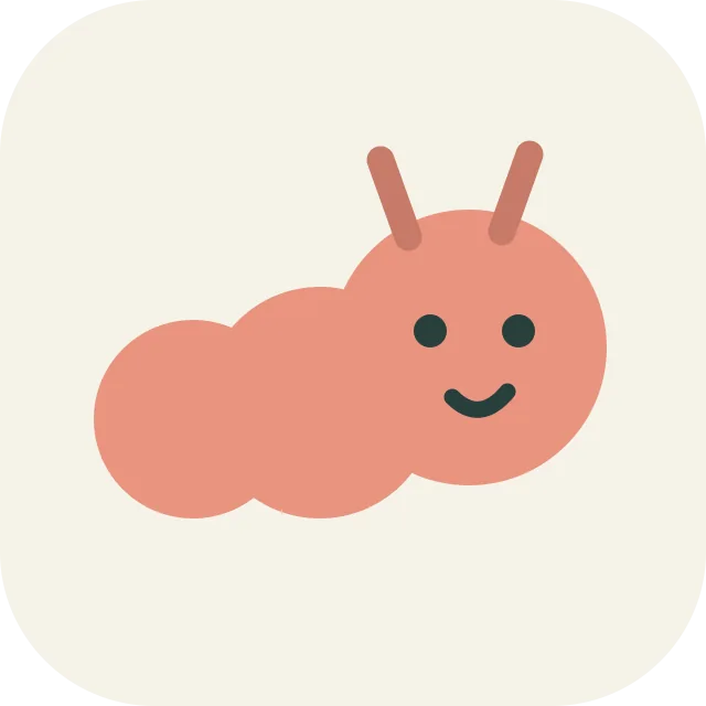 A smiling pink caterpillar on a soft cream background.