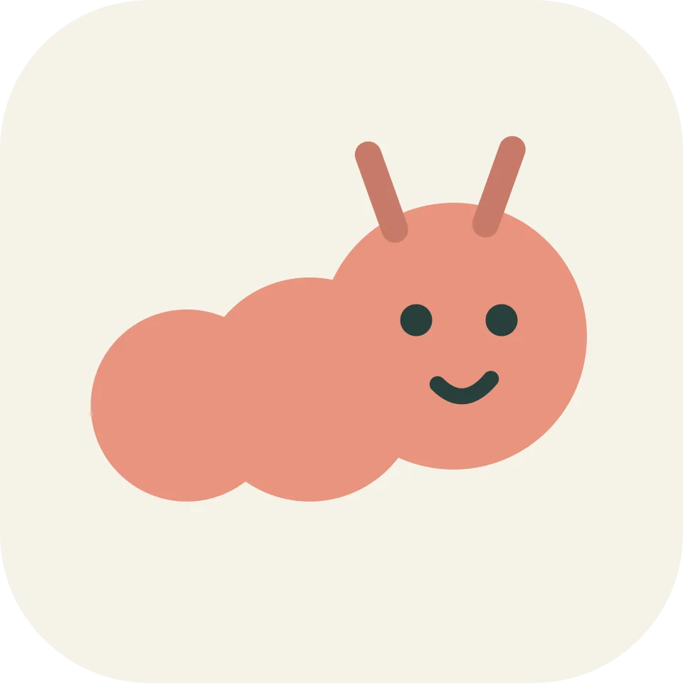 A smiling pink caterpillar on a soft cream background.
