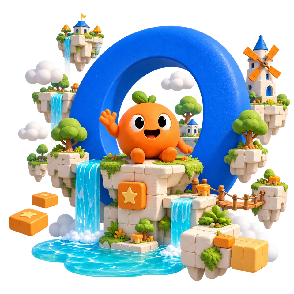 OREBRON's orange mascot in a playful world of floating islands.