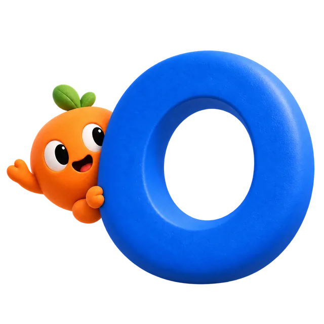 Our orange mascot playfully peeks around a blue O.